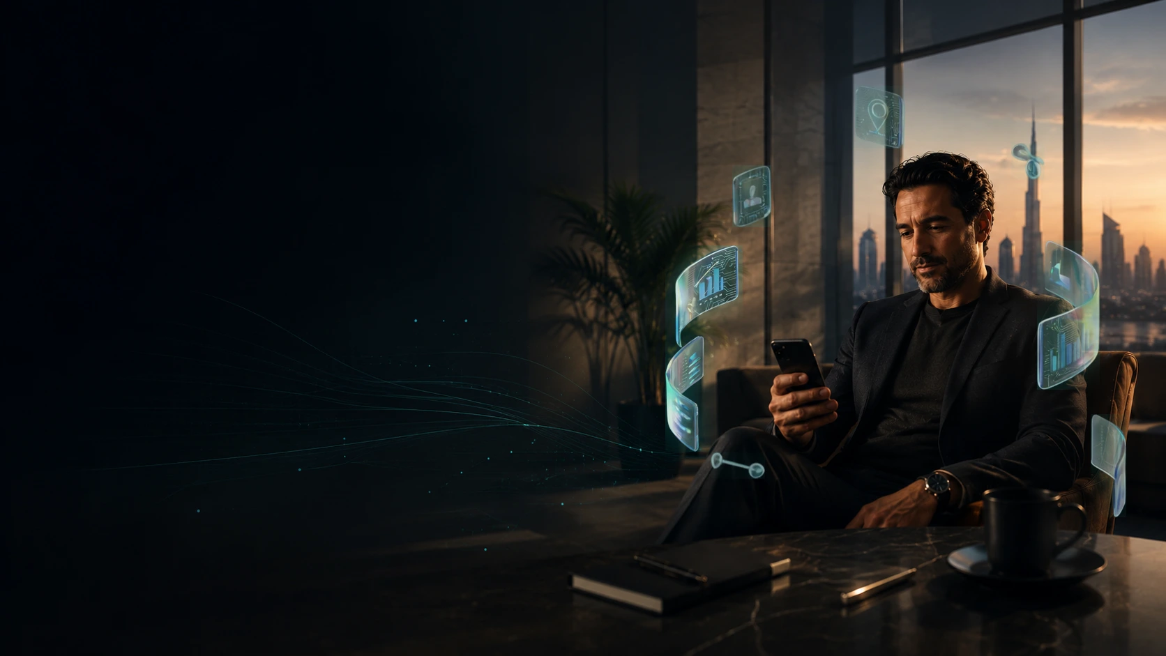 A business operator at his desk, ERP insights orbiting around him